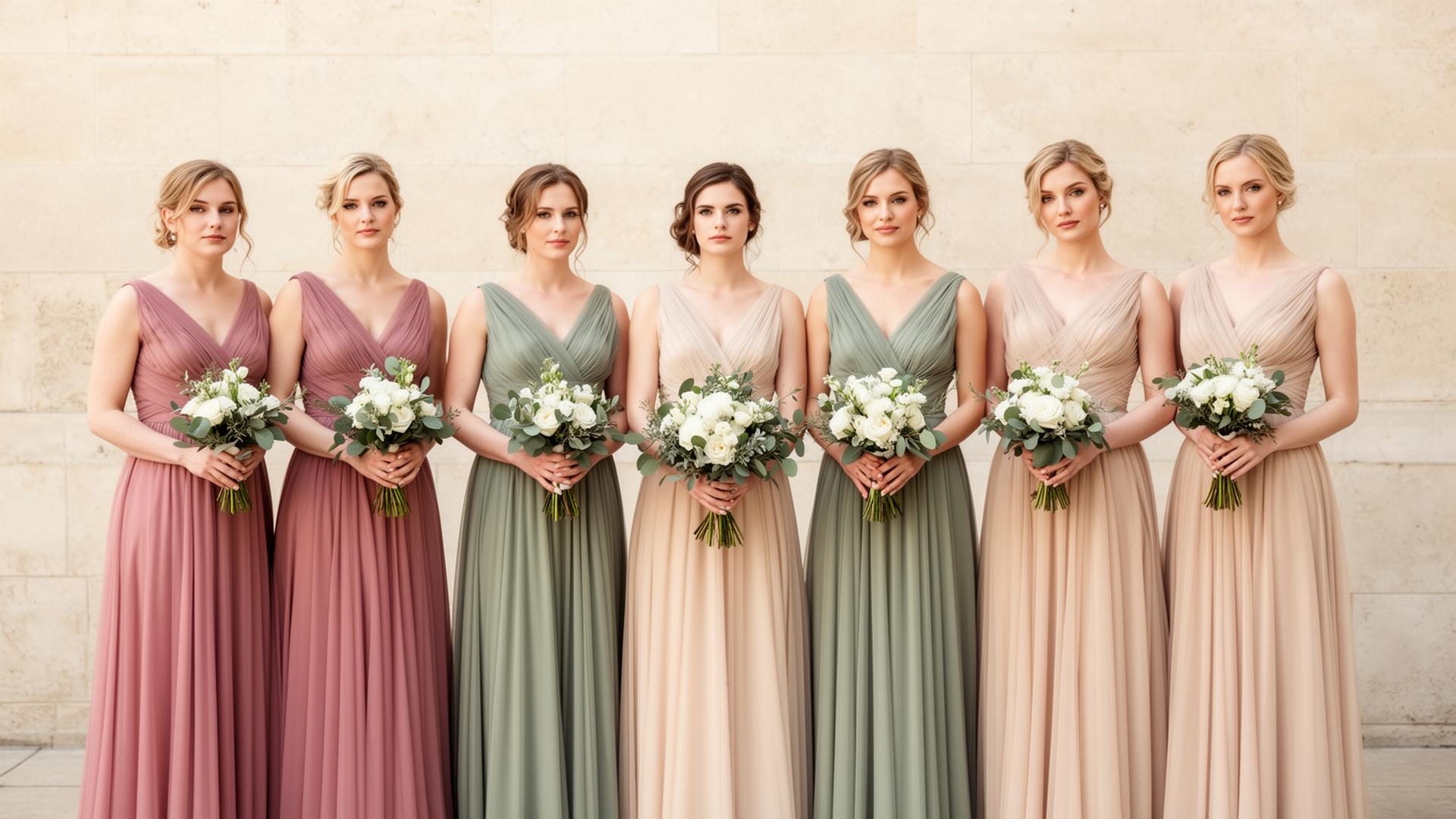 Bridesmaids in coordinated palette