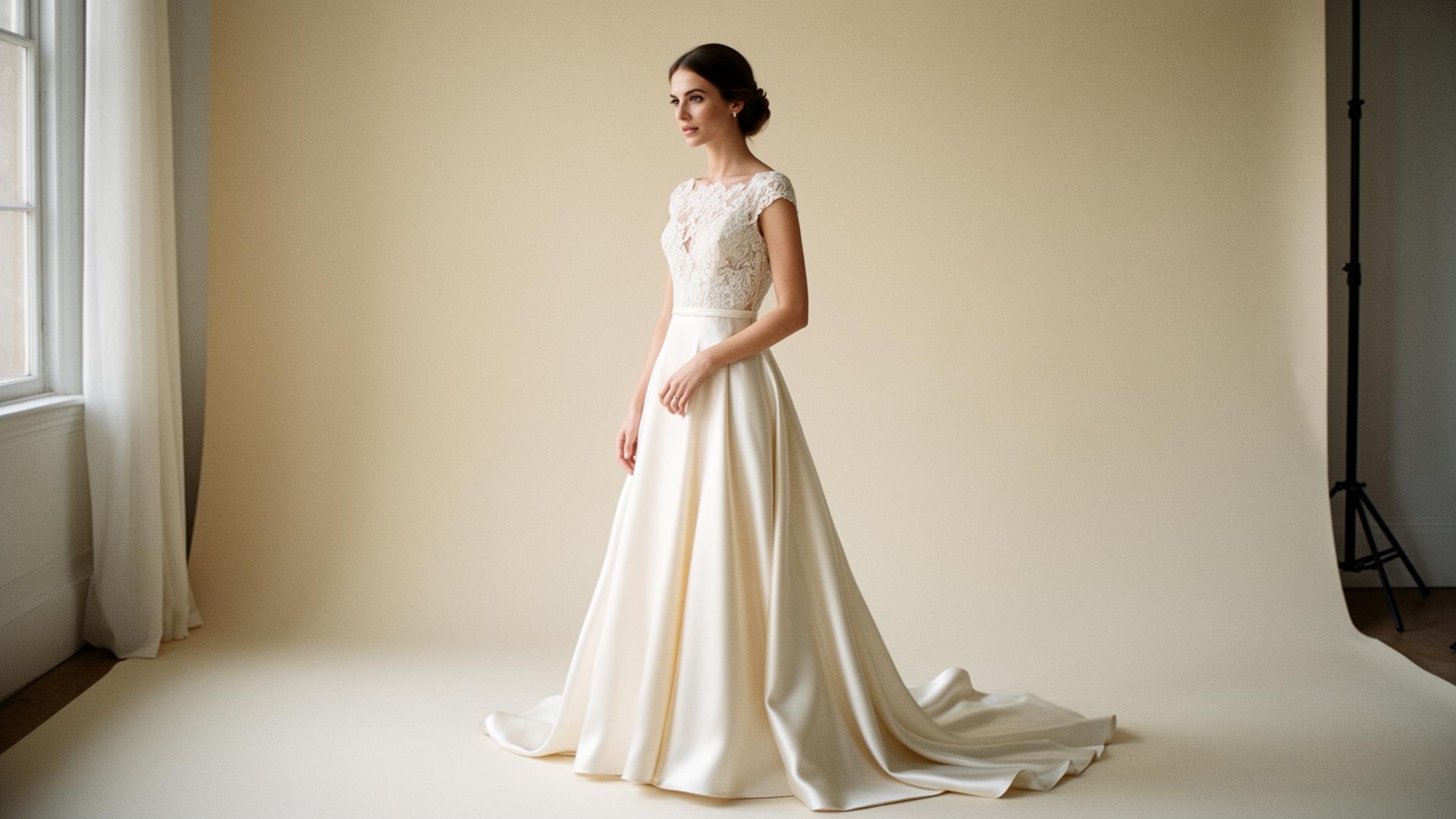 Bride in custom ivory silk wedding gown